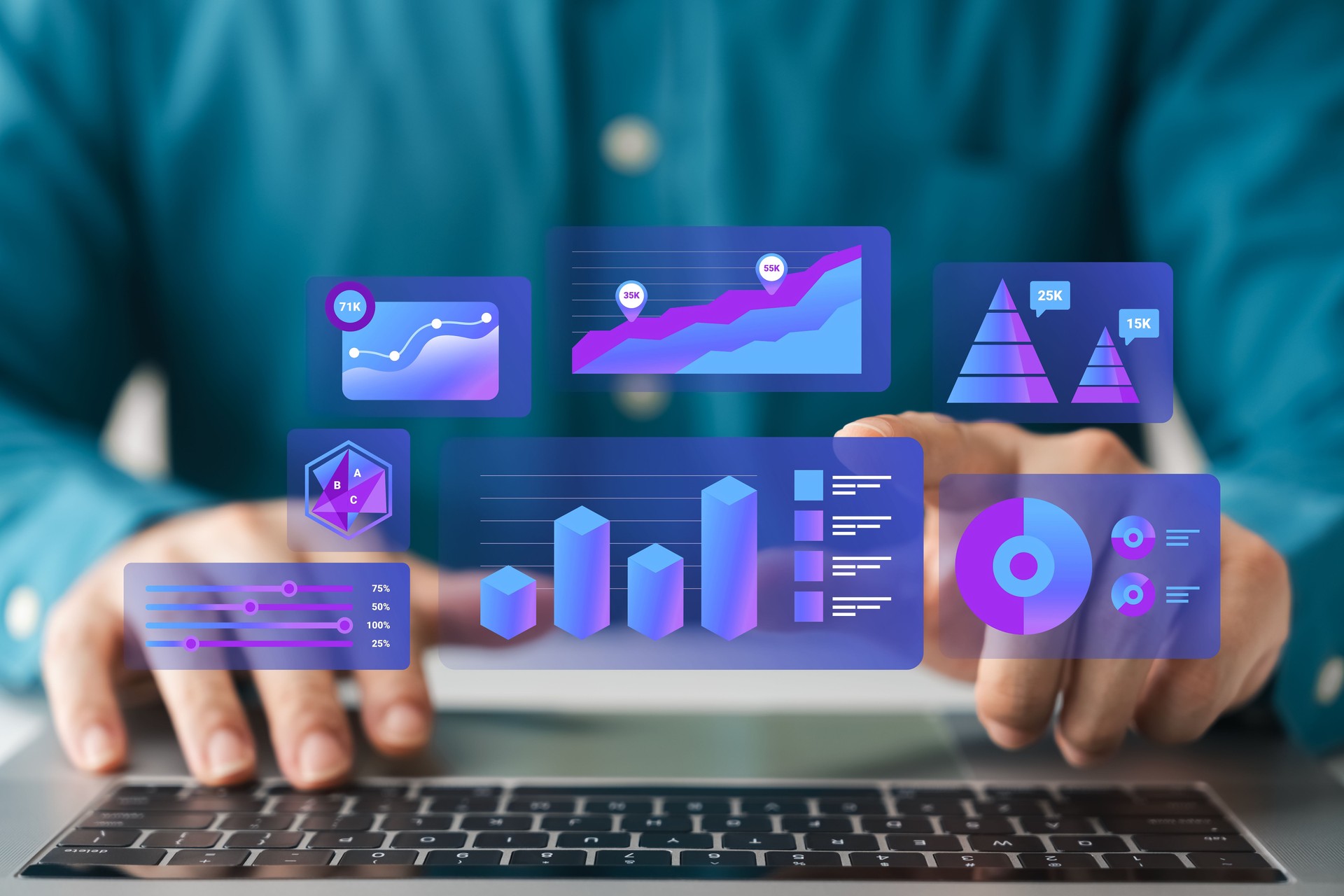 Business data analyst with dashboard charts, marketing sales strategic planning.