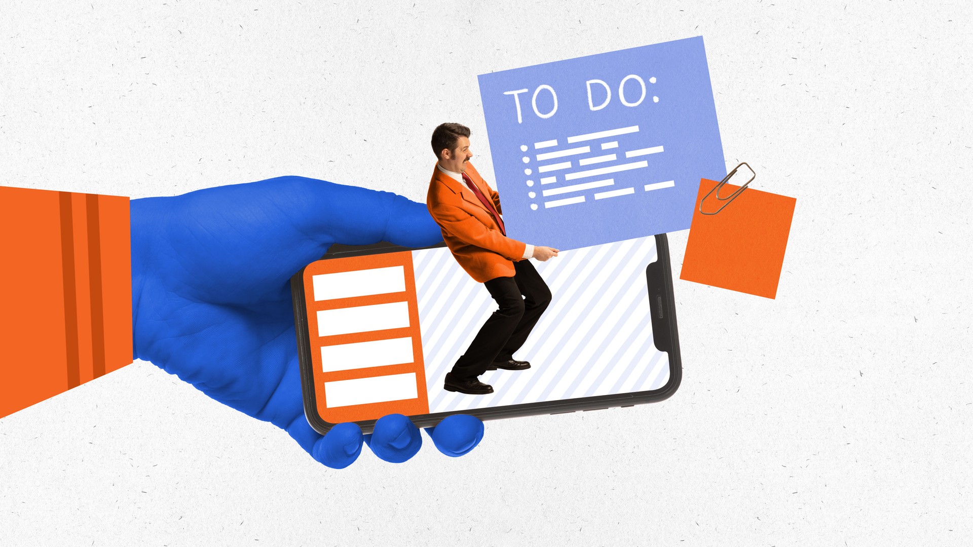 Contemporary art collage. Hand holding smartphone with businessman climbing out, to-do list and note attached with clip.
