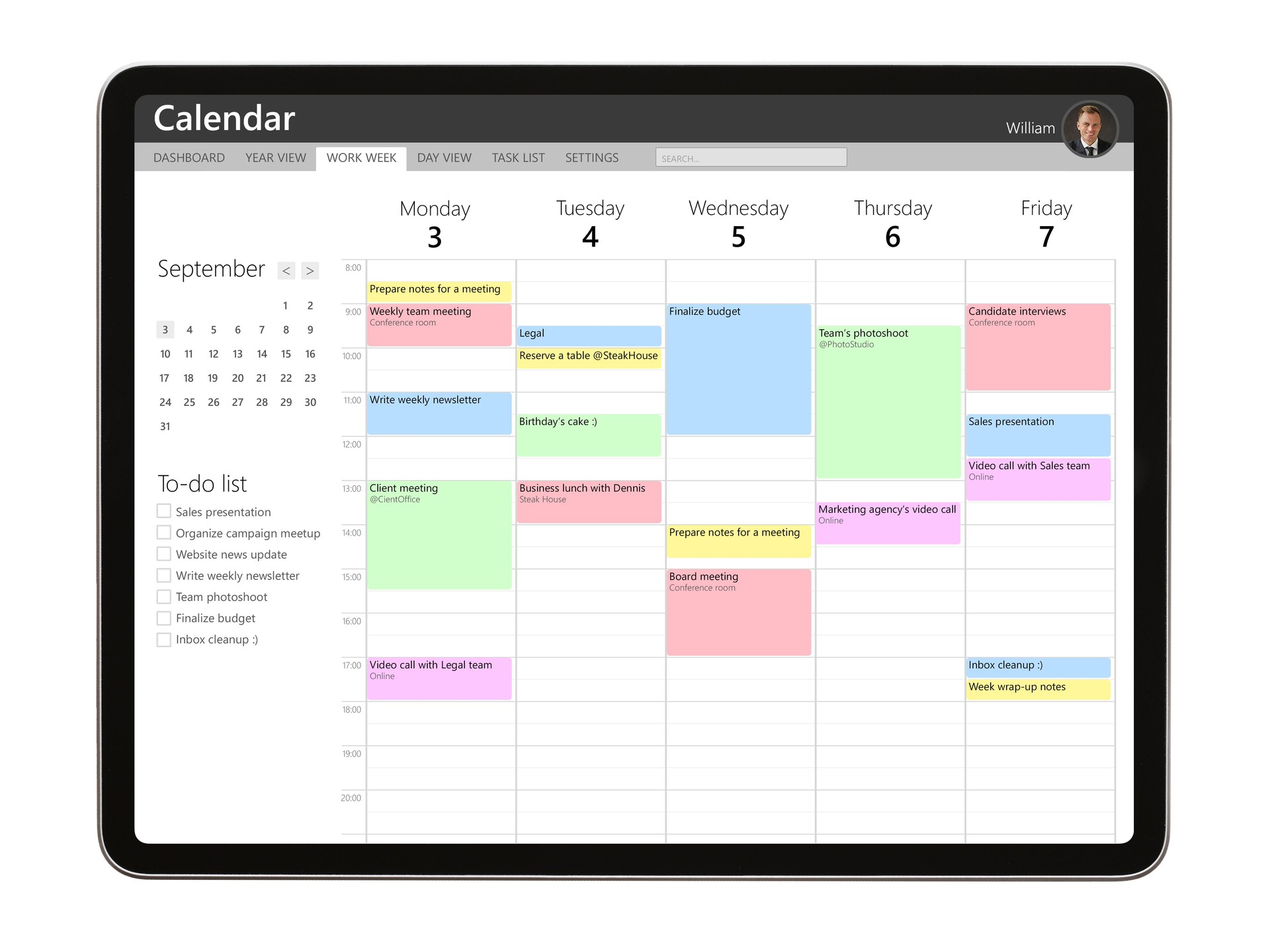 Calendar app sample interface design on tablet computer
