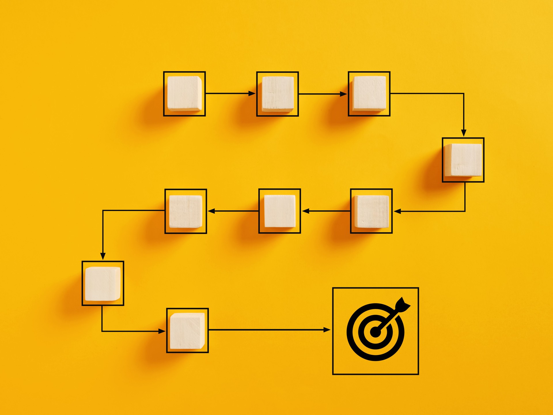 Business goal achievement, workflow and process automation flowchart. Taking strategic steps towards target objectives.