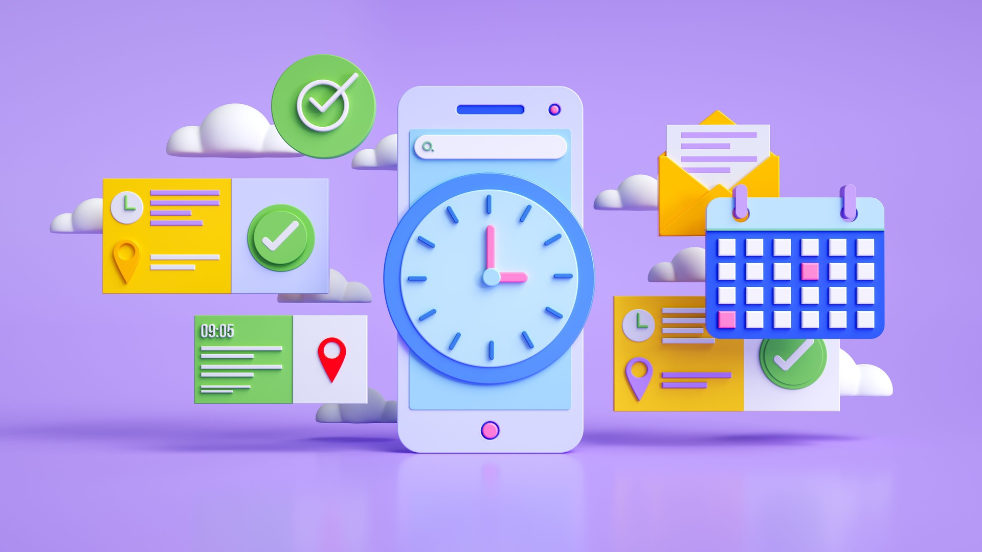 Planning App and Deadline Management Concept. Time Management Illustrated with a Clock Displayed on a Smartphone Screen, Featuring Checkmark and Calendar Icons. 3D Rendering.