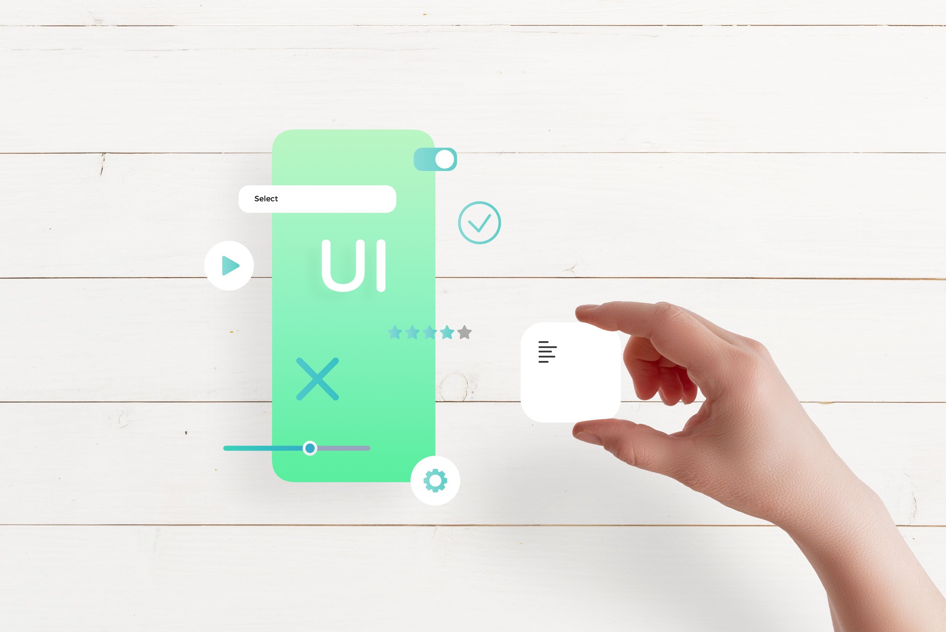 Top view of hand assembling app interface on table, placing text box, concept of UI/UX design and mobile app development